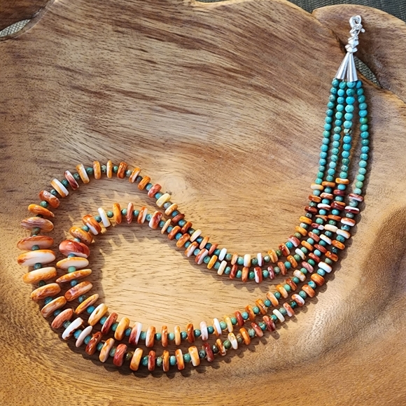 Navajo Helen Little Turquoise & Spiny Oyster Heishi 25" Double Strand Necklace - Picture 6 of 14